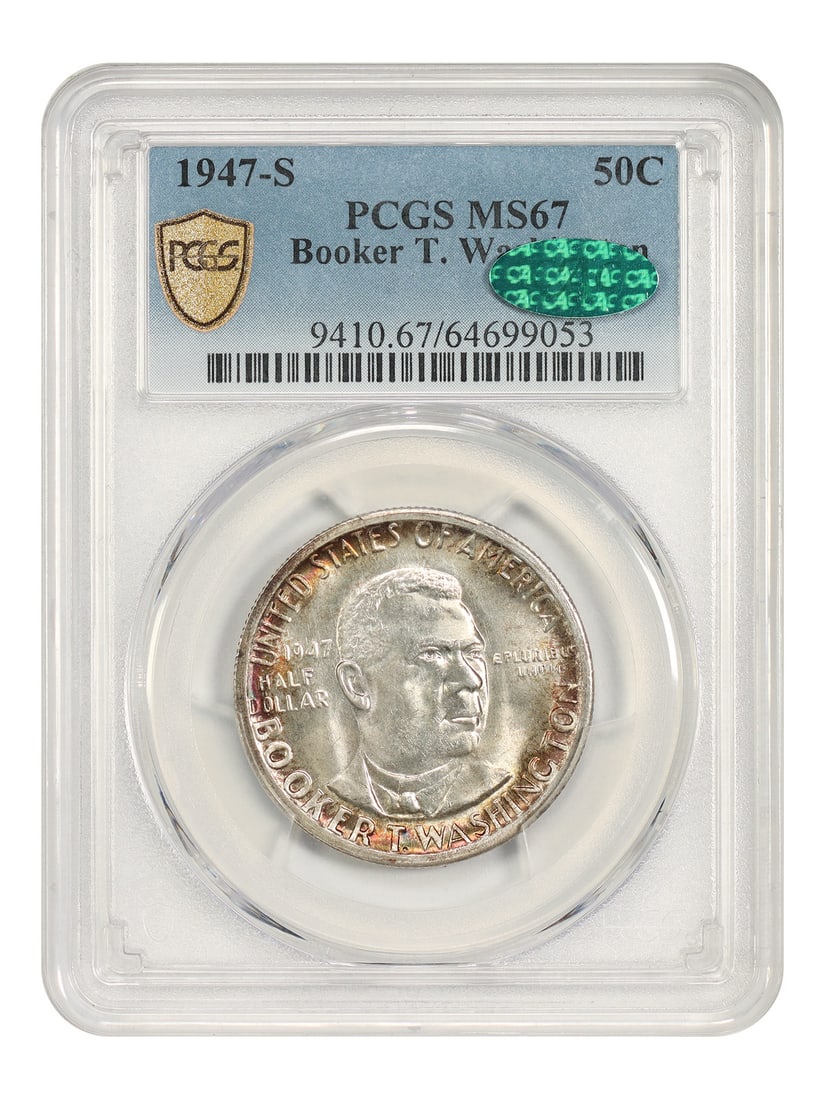 PCGS MS67 CAC 1947 S Booker T Washington 50C Commemorative: PCGS MS67 CAC 1947 S Booker T Washington 50C Commemorative Classic silver commemorative 50C coin from 1947-S honoring Booker T. Washington. Certified by PCGS and graded MS67, this uncirculated example