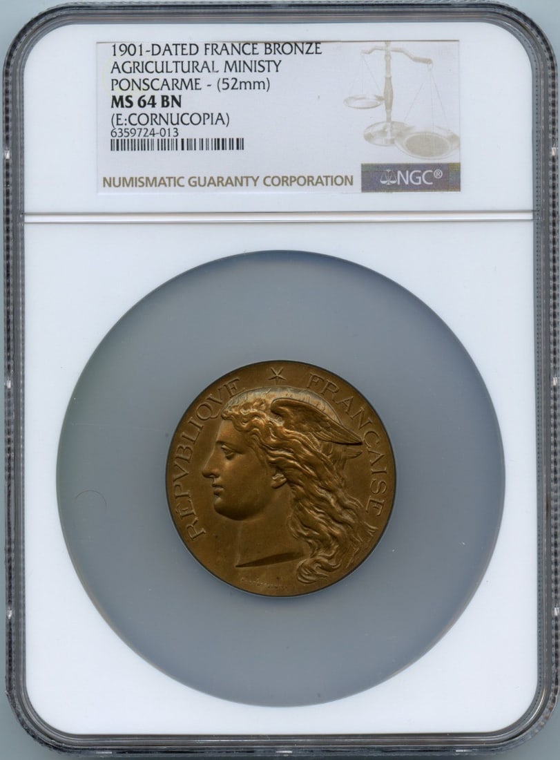 1901 France Bronze Coin Agricultural Ministry NGC MS64 BN (1 of 2)