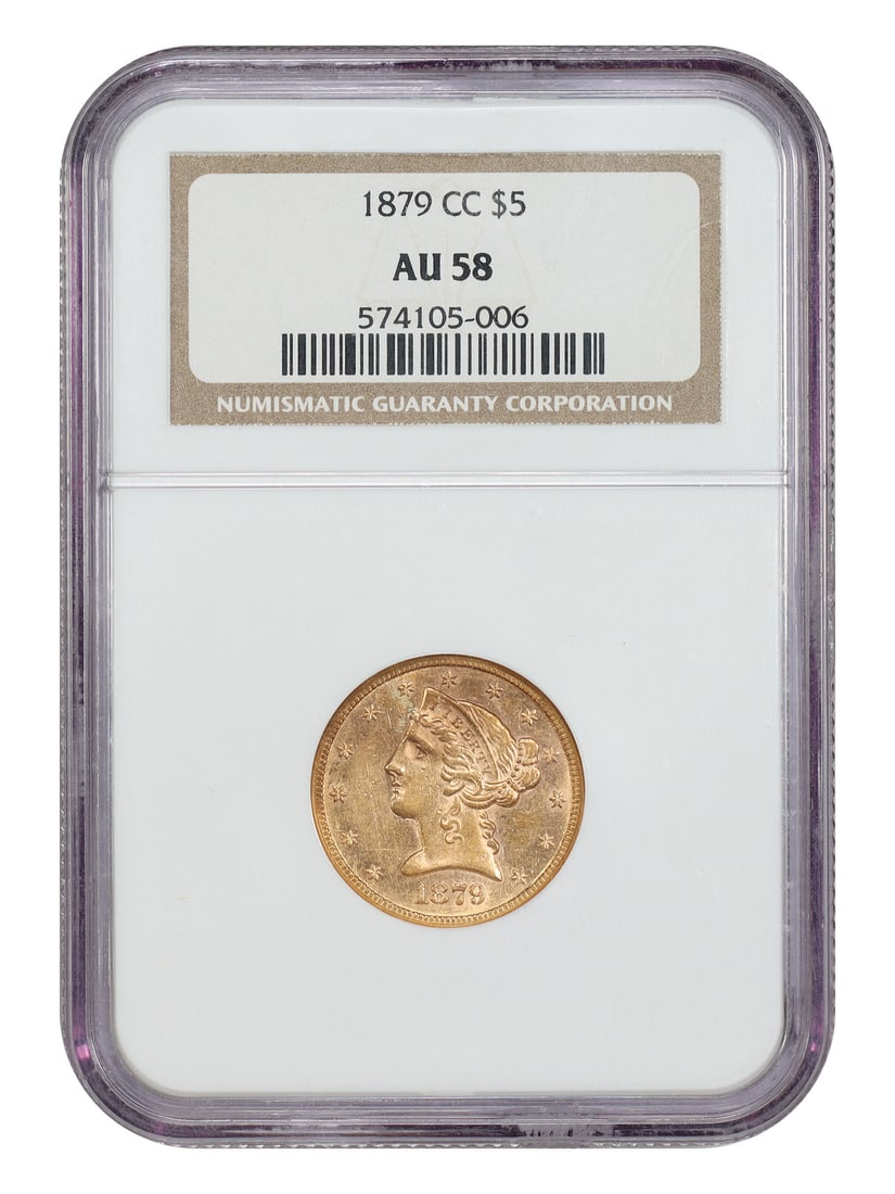 NGC AU58 1879-CC Liberty Head Half Eagle Gold Coin: NGC AU58 1879-CC Liberty Head Half Eagle Gold Coin 1879-CC Liberty Head $5 gold coin certified by NGC in AU58 condition. This Carson City issue has a mintage of just over 17,000 coins. The coin is des