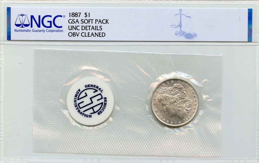 NGC Certified 1887 Morgan Silver Dollar GSA Soft Pack Uncirculated Details: NGC Certified 1887 Morgan Silver Dollar GSA Soft Pack Uncirculated Details This is an 1887 Morgan Dollar presented in a GSA soft pack. Certified by NGC with UNC Details, this uncirculated coin was min