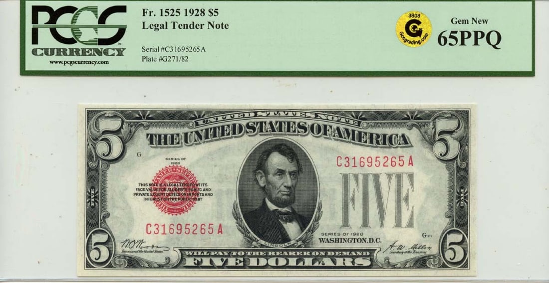PCGS 65 EPQ 1928 $5 United States Legal Tender Note FR#1525: PCGS 65 EPQ 1928 $5 United States Legal Tender Note FR#1525 1928 $5 Legal Tender Note certified by PCGS Currency and graded GEM 65 EPQ. This pre-owned United States note is listed as uncirculated and 