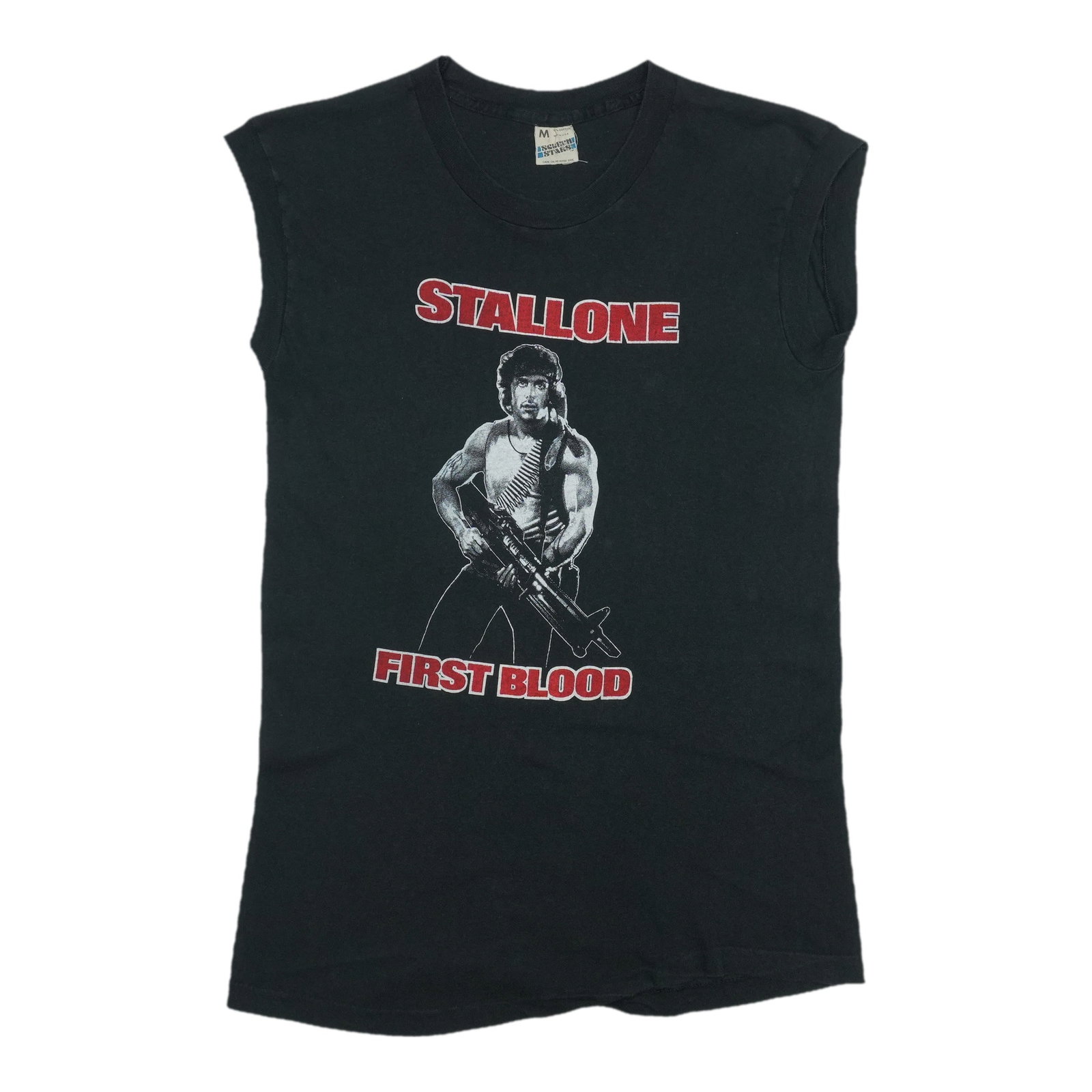 Vintage 1980s Black Stallone First Blood EMI Video Tank Top: Vintage 1980s Black Stallone First Blood EMI Video Tank Top This original vintage sleeveless shirt from the 1980s features Stallone and First Blood graphics, produced by Thorn EMI Video. Made from 100