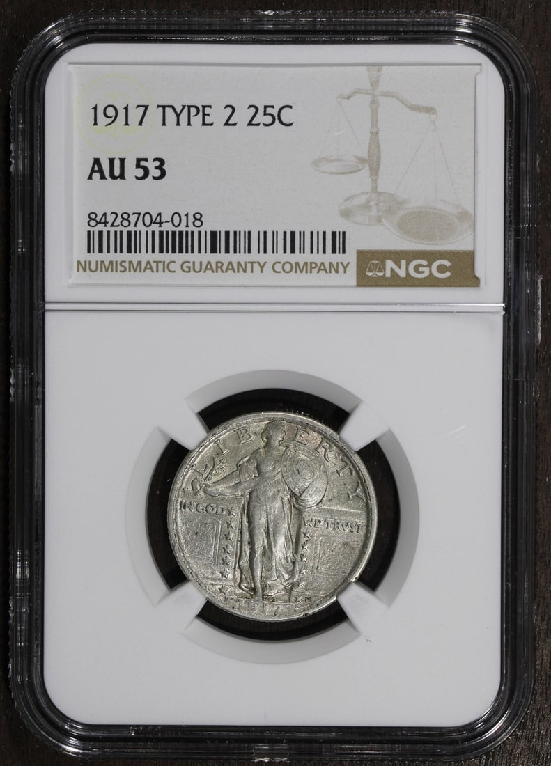 NGC AU53 1917 Standing Liberty Quarter 25C Type 2 Silver: NGC AU53 1917 Standing Liberty Quarter 25C Type 2 Silver This is a 1917 Type 2 Standing Liberty Quarter graded AU53 by NGC. Struck in silver with a fineness of 0.9, this circulated coin was minted in 