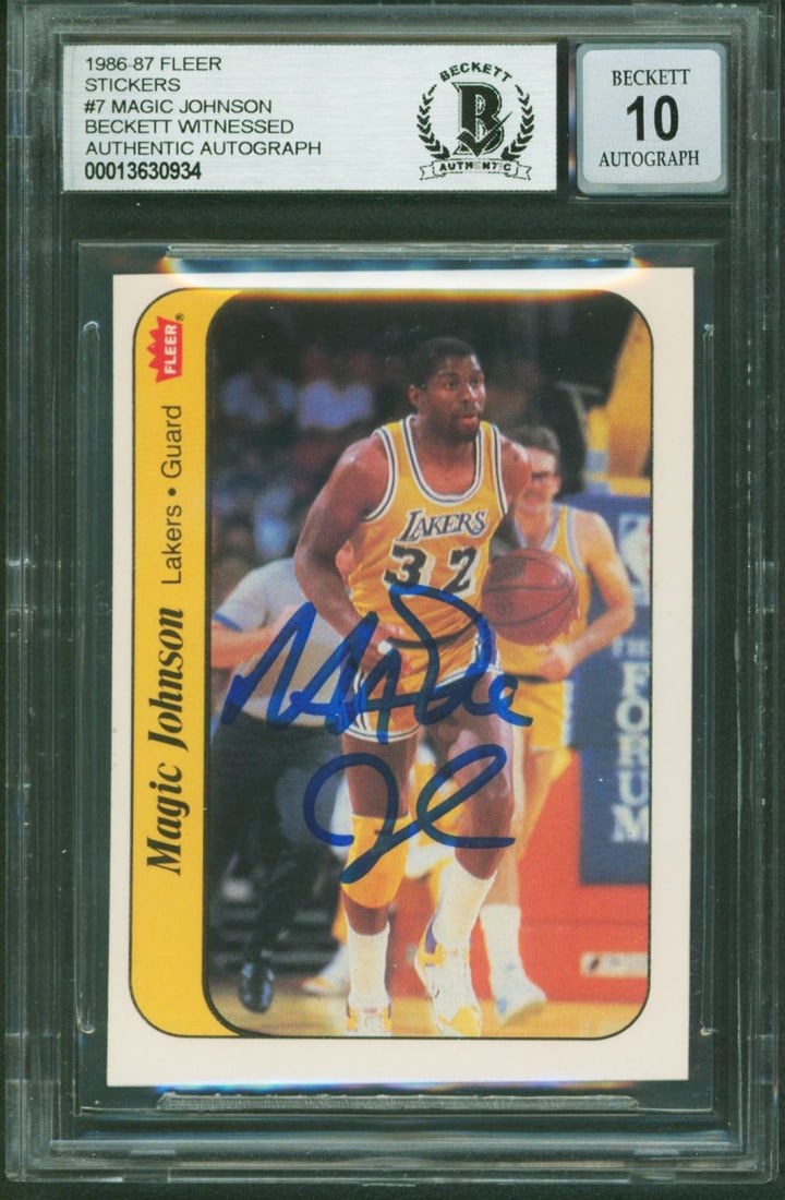 Magic Johnson Signed 1986 Fleer Stickers #7 Gem Mint 10 Beckett Authenticated: Magic Johnson Signed 1986 Fleer Stickers #7 Gem Mint 10 Beckett Authenticated This is a 1986 Fleer Stickers #7 card, personally signed by basketball legend Magic Johnson of the Los Angeles Lakers. Gra