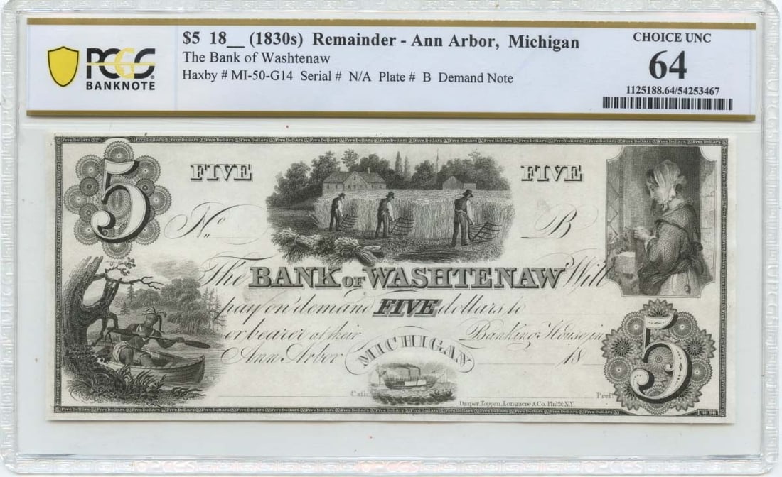 PCGS CU64 Bank of Washtenaw Ann Arbor Michigan $5 Obsolete Note 1830s (1 of 2)