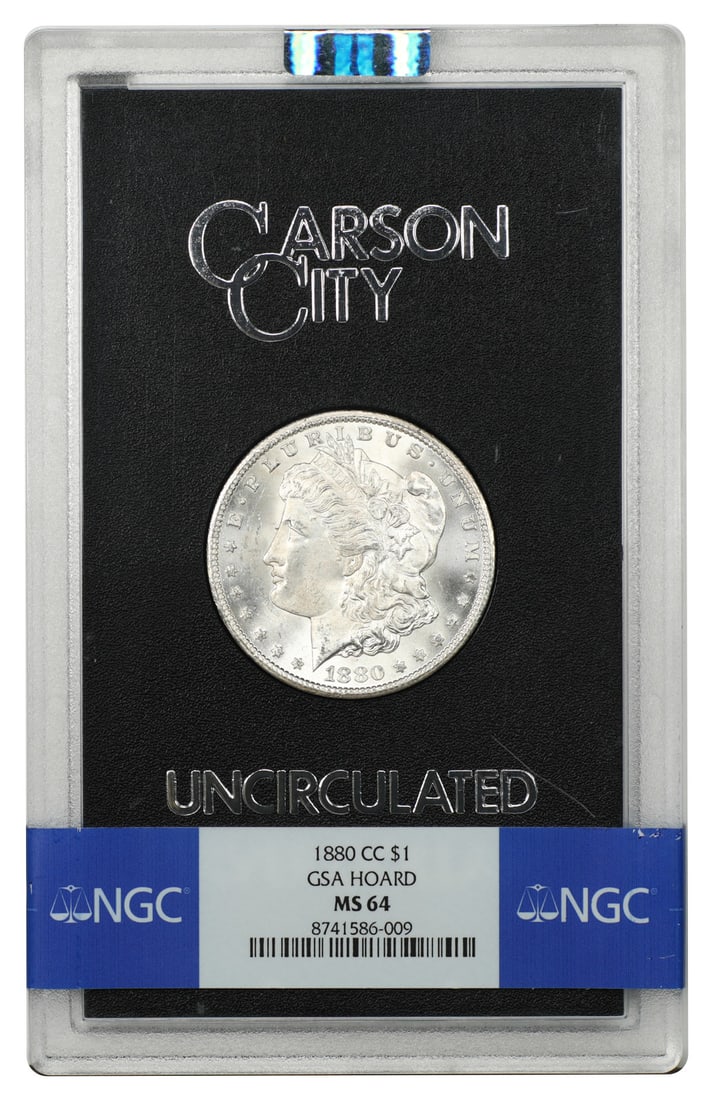 1880 Carson City Morgan Dollar $1 NGC MS64 GSA Holder: 1880 Carson City Morgan Dollar $1 NGC MS64 GSA Holder 1880 Carson City Morgan Dollar GSA issue housed in the original hard case and graded NGC MS64. This uncirculated example is a pre-owned coin and i