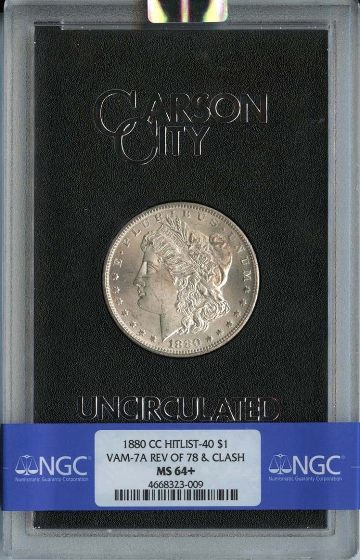 1880-CC Morgan Dollar VAM-7A NGC MS64+ Uncirculated Coin: 1880-CC Morgan Dollar VAM-7A NGC MS64+ Uncirculated Coin This 1880-CC Morgan Dollar features the VAM-7A reverse 78 clash and is certified by NGC with a grade of MS64+. Struck in Carson City, this unci