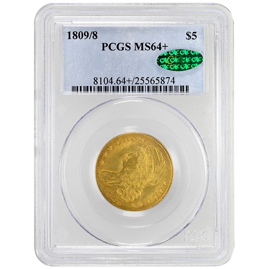 1809 8 Gold $5 Type 1 Large Bust Capped Bust PCGS CAC MS64+: 1809 8 Gold $5 Type 1 Large Bust Capped Bust PCGS CAC MS64+ 1809/8 $5 Type 1 Capped Bust Large Bust gold coin from the United States. This pre-owned example is graded MS64+ by PCGS and has CAC approva