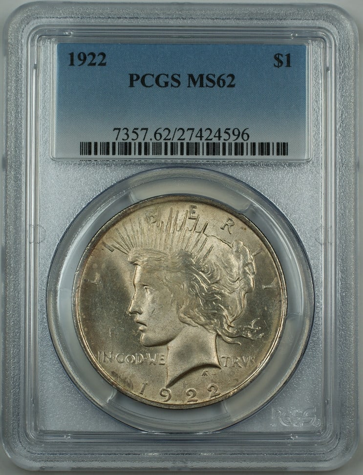 PCGS MS-62 1922 Peace Dollar Silver Coin Philadelphia Light Toning: PCGS MS-62 1922 Peace Dollar Silver Coin Philadelphia Light Toning This 1922 Silver Peace Dollar features a lightly toned surface and has been graded MS-62 by PCGS. The coin was minted in Philadelphia