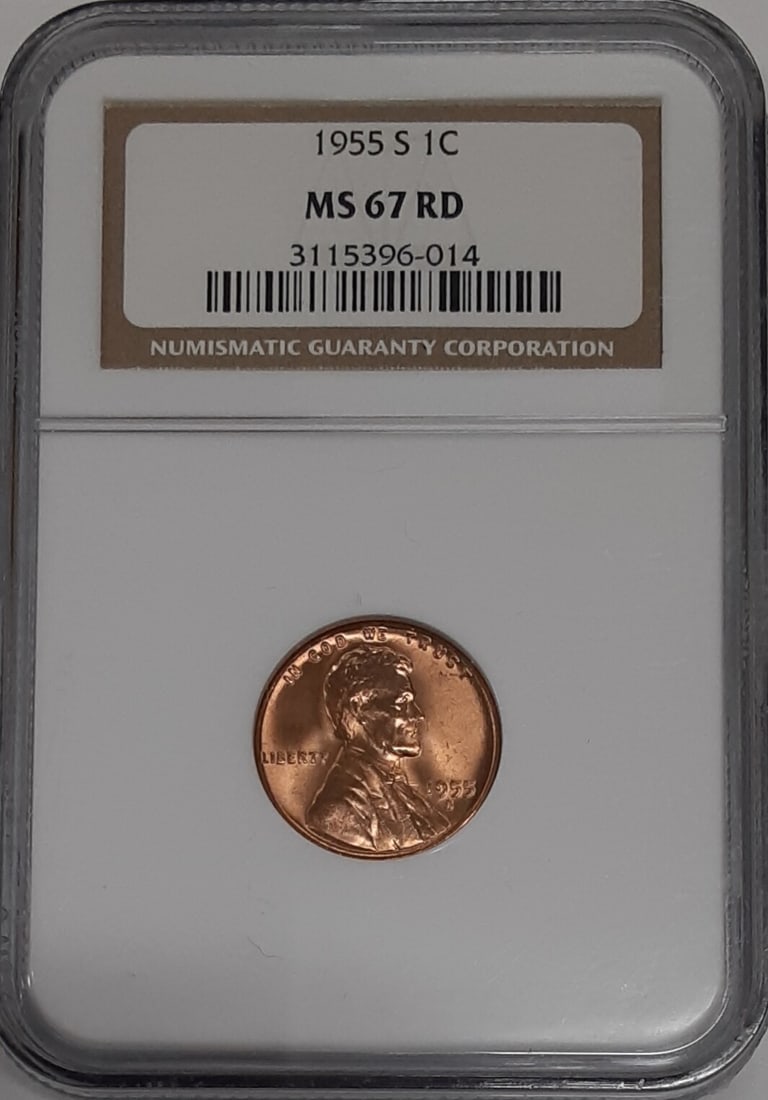 NGC MS-67 RD 1955-S Lincoln Wheat Cent San Francisco Copper 1c: NGC MS-67 RD 1955-S Lincoln Wheat Cent San Francisco Copper 1c This 1955-S Lincoln Wheat Cent is certified by NGC with a grade of MS-67 RD. Struck in copper at the San Francisco Mint, this uncirculate