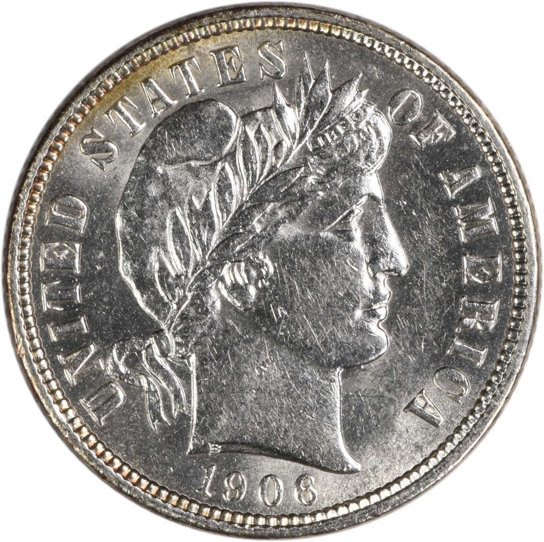 1906 Barber 10C Silver BU Uncertified Coin: 1906 Barber 10C Silver BU Uncertified Coin This is a 1906 Barber Silver Dime from the United States, featuring the classic Barber design. The coin is uncirculated and in Brilliant Uncirculated (BU) co