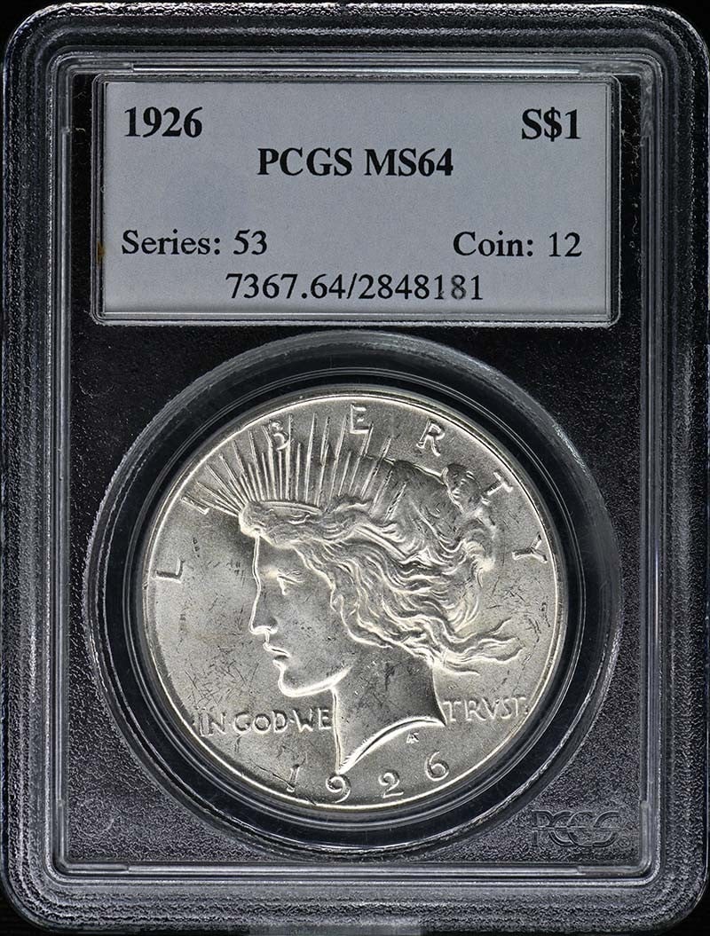 1926 Peace Dollar PCGS MS64 Uncirculated Philadelphia Mint: 1926 Peace Dollar PCGS MS64 Uncirculated Philadelphia Mint This 1926 Peace Dollar is certified by PCGS with a grade of MS64, indicating it is in uncirculated condition. Minted in Philadelphia, this co