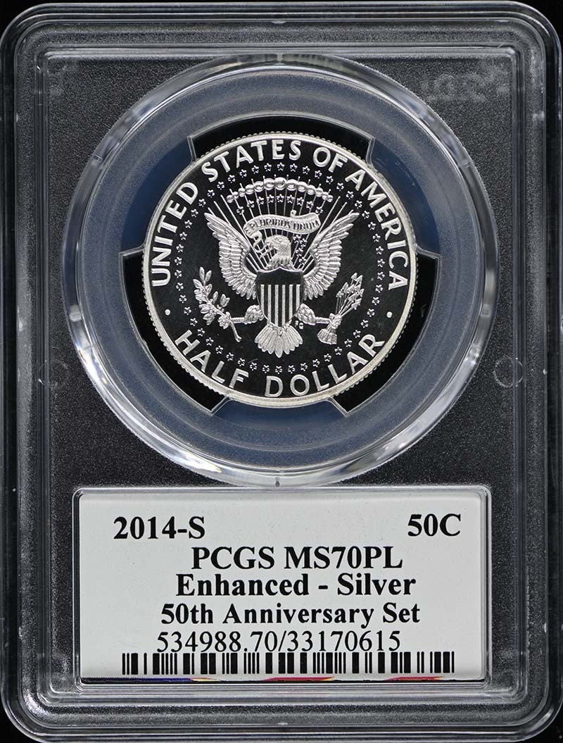 2014 San Francisco 50C Silver Enhanced Mint State PCGS MS70PL: 2014 San Francisco 50C Silver Enhanced Mint State PCGS MS70PL This 2014-S 50C coin from the 50th Anniversary Set is struck in silver and graded Enhanced Mint State 70 Prooflike (MS70PL) by PCGS. It is
