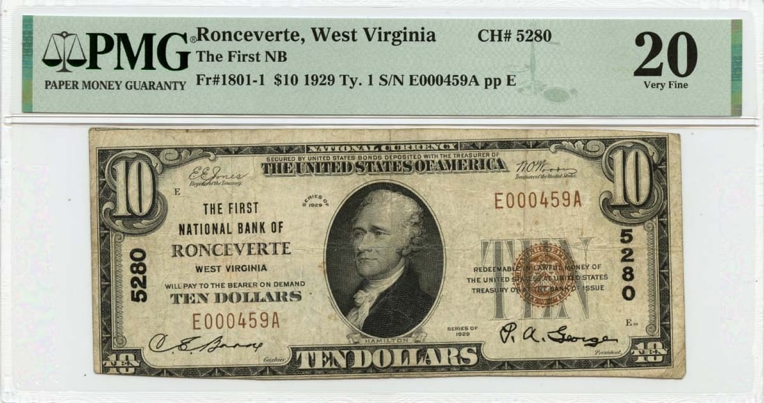 1929 $10 First National Bank Ronceverte WV PMG VF20 Currency Note: 1929 $10 First National Bank Ronceverte WV PMG VF20 Currency Note This 1929 $10 note from the First National Bank of Ronceverte, WV, is a remarkable piece of currency history. Graded VF20 by PMG, it s