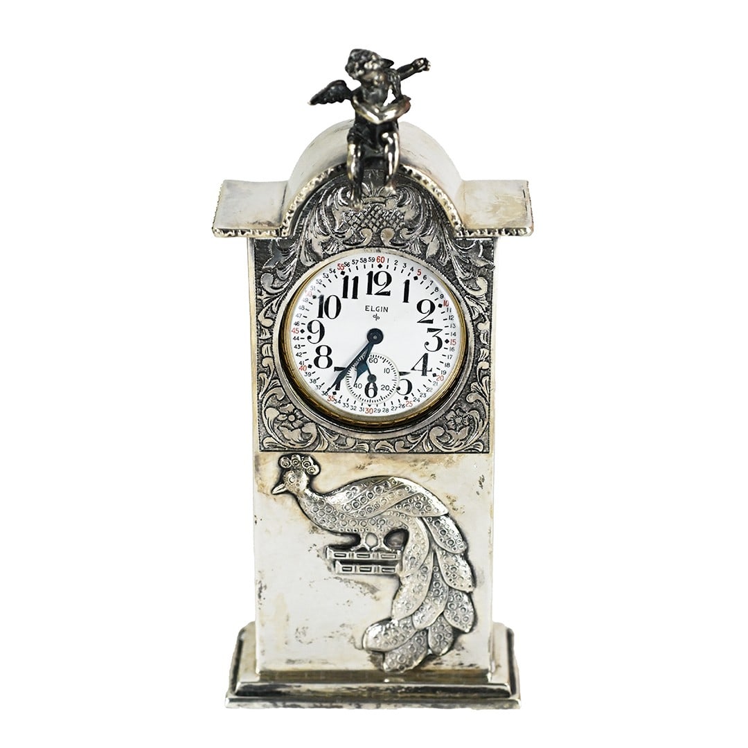 Art Nouveau Sterling Silver Camusso Display Case Elgin 1948 Pocket Watch: Art Nouveau Sterling Silver Camusso Display Case Elgin 1948 Pocket Watch This Art Nouveau style display case is crafted from sterling silver and features intricate engravings, including a peacock and 