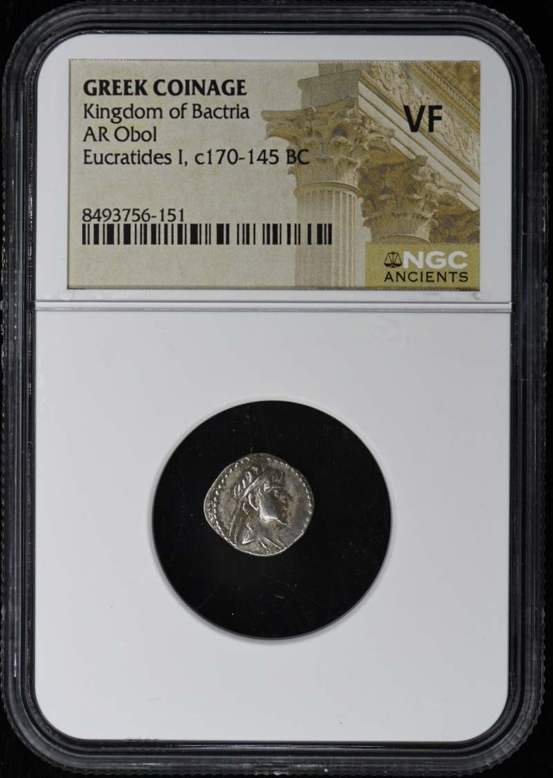 NGC Certified AR Obol Coin from the Kingdom of Bactria: NGC Certified AR Obol Coin from the Kingdom of Bactria Pre-owned Kingdom of Bactria Greek coinage AR obol certified by NGC. Specifications Item Type: Coin Region: Kingdom of Bactria Coinage: Greek coi