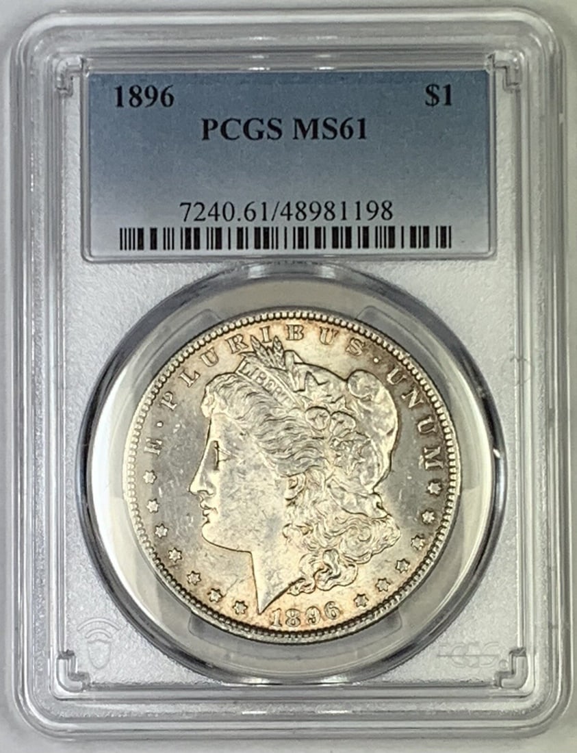 1896 Silver Morgan Dollar PCGS MS 61 Toned Uncirculated Coin: 1896 Silver Morgan Dollar PCGS MS 61 Toned Uncirculated Coin This is an 1896 Morgan Silver Dollar coin, featuring attractive toning. Certified by PCGS with a grade of MS 61, this uncirculated coin is 