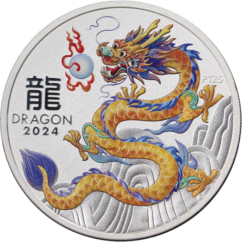 Australia 2024 $1 Colorized Orange Dragon 1 oz .999 Silver Coin: Australia 2024 $1 Colorized Orange Dragon 1 oz .999 Silver Coin 2024 Australia 1 oz Silver $1 ORANGE Year of the Dragon colorized lunar coin. This uncirculated stock item has strong luster and strike.