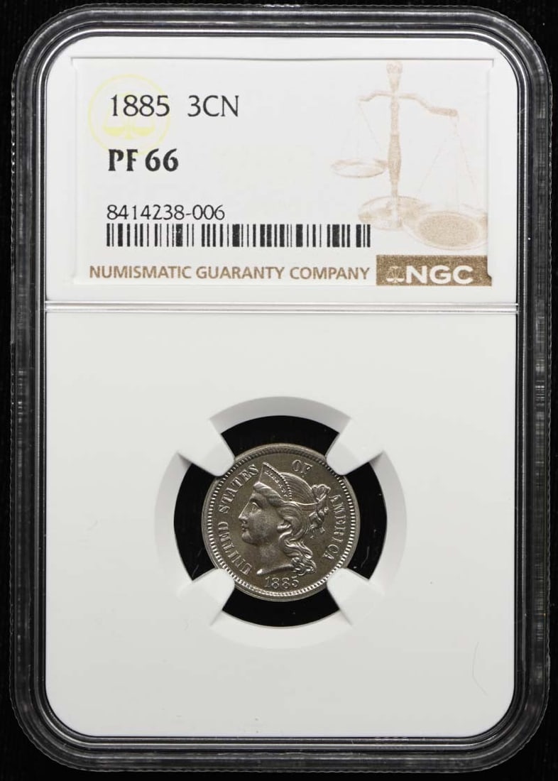 NGC PR66 1885 United States Three Cent Nickel Proof Coin: NGC PR66 1885 United States Three Cent Nickel Proof Coin 1885 Three Cent Piece graded PR66 by NGC. This proof-strike United States coin is an uncirculated pre-owned example of the Three Cent Nickel de
