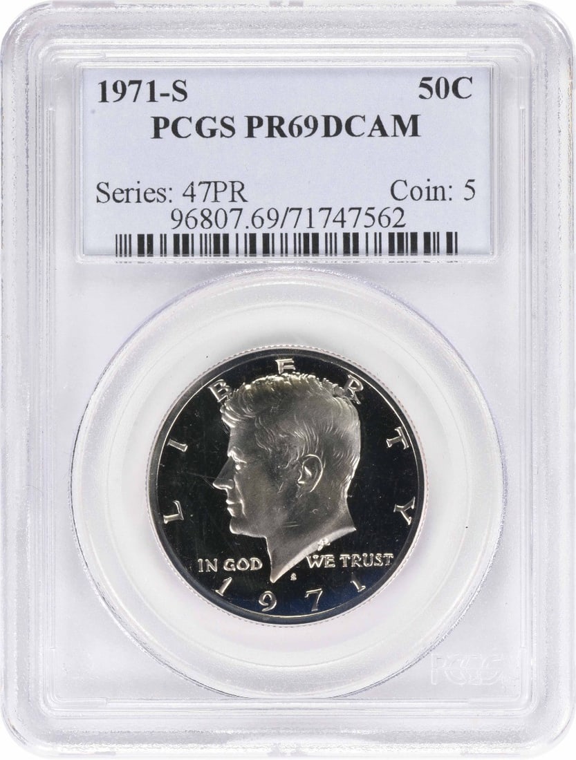PCGS PR69 Deep Cameo 1971 S Kennedy 50C Proof: PCGS PR69 Deep Cameo 1971 S Kennedy 50C Proof 1971-S Kennedy Half Dollar proof coin graded PF69DCAM by PCGS. This uncirculated clad 50C coin is a pre-owned United States issue featuring the Kennedy de
