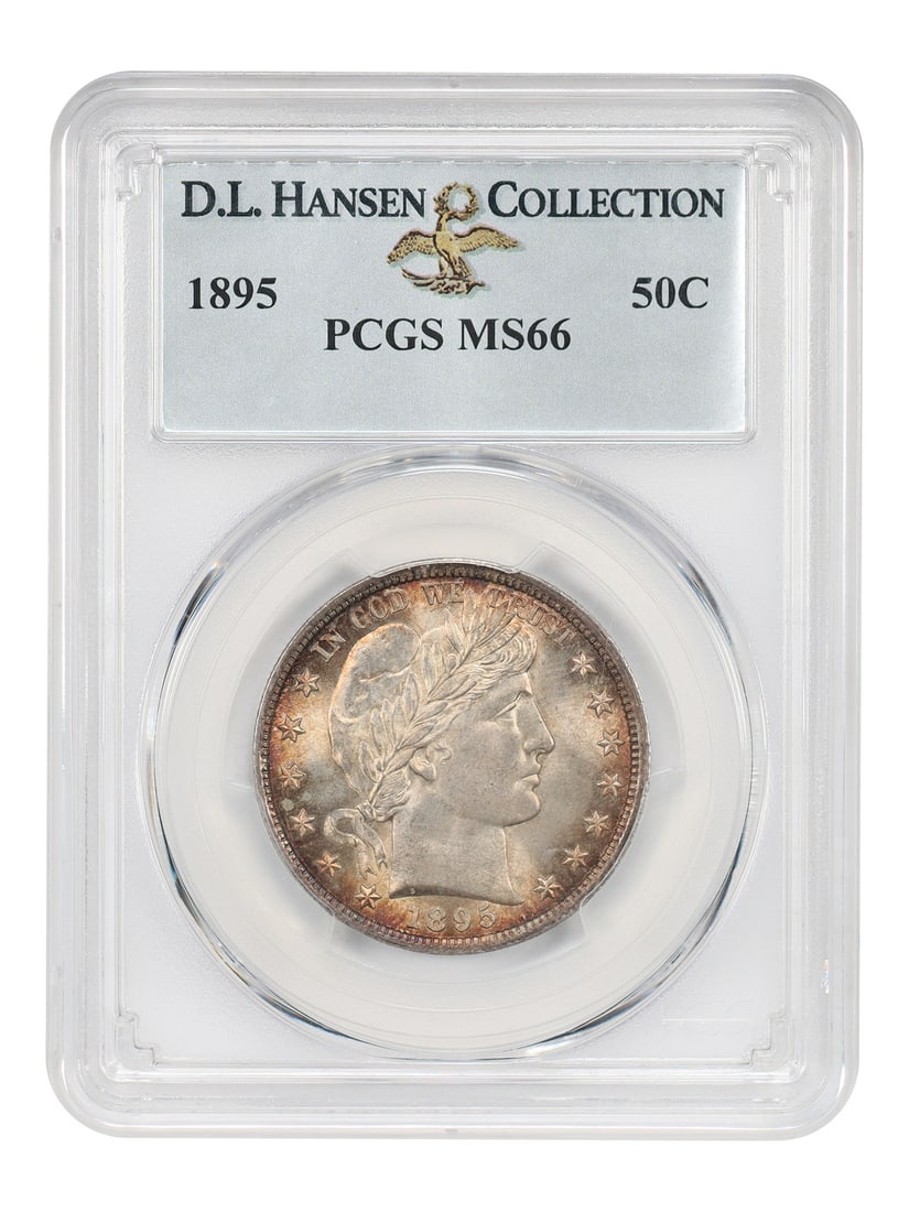 PCGS MS66 1895 Barber Half Dollar 50C ex D.L. Hansen: PCGS MS66 1895 Barber Half Dollar 50C ex D.L. Hansen 1895 Barber Half Dollar certified by PCGS in MS66 grade. This uncirculated example is ex: D.L. Hansen. PCGS has only graded six finer from a modera
