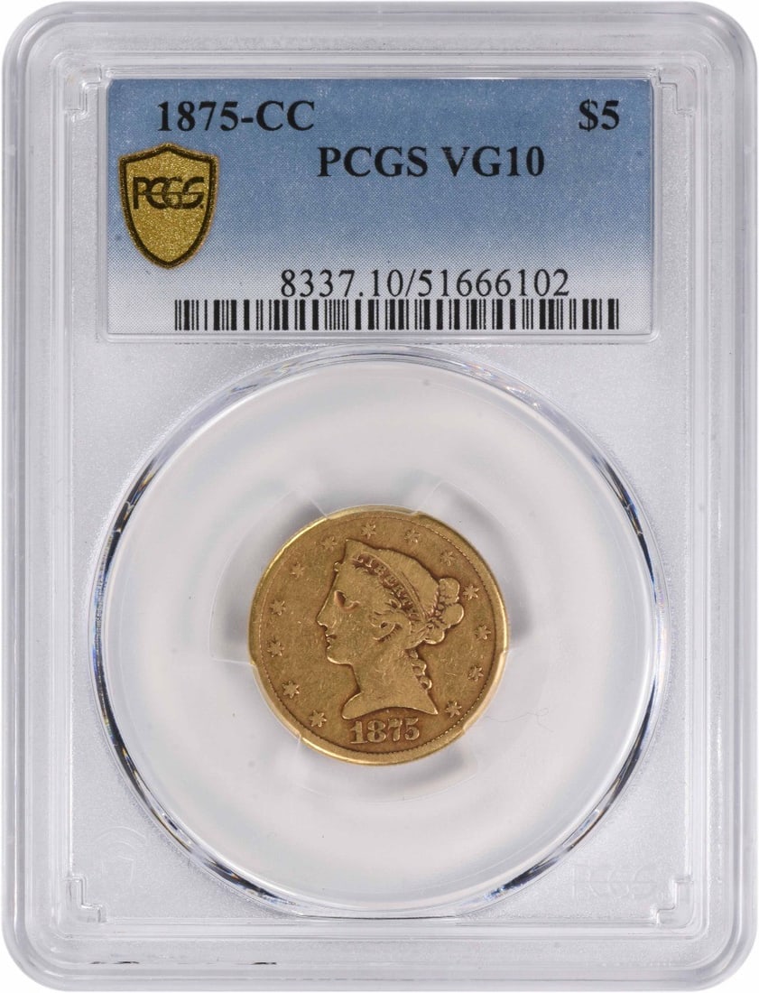 1875-CC $5 Gold Liberty Head Coin PCGS VG10 Certified: 1875-CC $5 Gold Liberty Head Coin PCGS VG10 Certified This 1875-CC $5 Gold Liberty Head coin is a remarkable piece of history, certified by PCGS. It features a gold content of 90% and is composed of 1