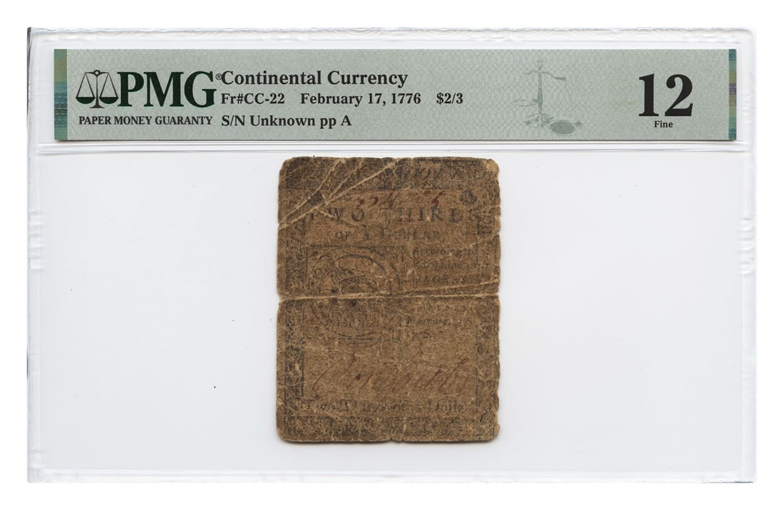1776 Continental Colonial Currency $2/3 Note PMG Fine 12 Fr. CC-22: 1776 Continental Colonial Currency $2/3 Note PMG Fine 12 Fr. CC-22 Original Continental Colonial Currency note dated February 17, 1776, with a $2/3 denomination. This circulated example is PMG graded 