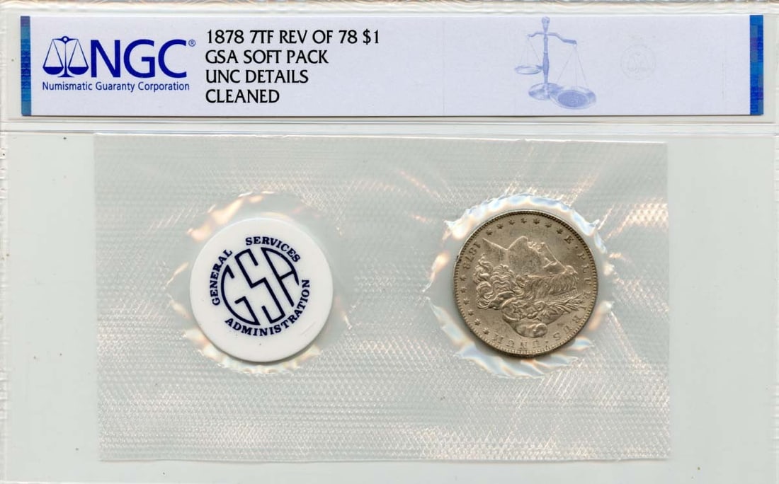 1878 Morgan Dollar 7 Tail Feathers Reverse of 78 GSA Soft Pack NGC UNC: 1878 Morgan Dollar 7 Tail Feathers Reverse of 78 GSA Soft Pack NGC UNC This 1878 Morgan Dollar features the 7 Tail Feathers Reverse of 1878 and comes in a GSA soft pack. Certified by NGC with UNC Deta