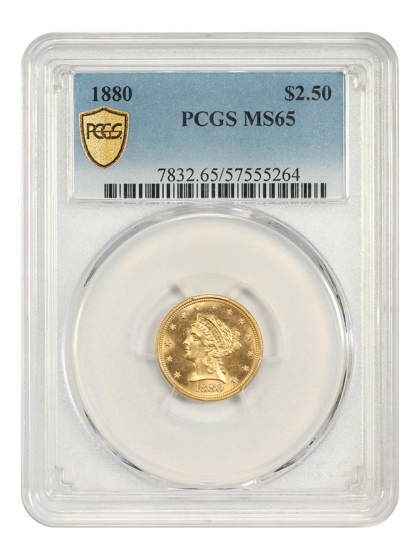 1880 Liberty Head Quarter Eagle PCGS MS65 $2.50 Gold Coin: 1880 Liberty Head Quarter Eagle PCGS MS65 $2.50 Gold Coin 1880 Liberty Head $2.50 gold coin certified by PCGS as MS65. Struck at the Philadelphia Mint, this uncirculated piece comes from a super-low m