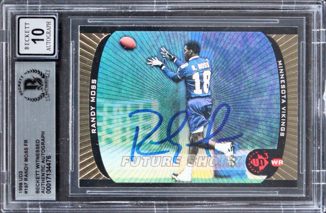 Randy Moss Signed Gem Mint 10 1998 UD3 Rookie Card BAS Authentic: Randy Moss Signed Gem Mint 10 1998 UD3 Rookie Card BAS Authentic This authentic 1998 UD3 #197 rookie card features the legendary Randy Moss, personally signed and graded Gem Mint 10. This item is offi