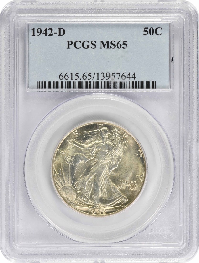 1942-D Walking Liberty Half Dollar MS65 PCGS Uncirculated Silver: 1942-D Walking Liberty Half Dollar MS65 PCGS Uncirculated Silver This stunning 1942-D Walking Liberty Silver Half Dollar is graded MS65 by PCGS, showcasing its uncirculated condition and exceptional q