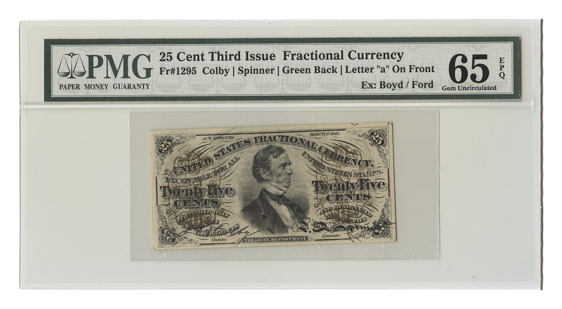 Fractional 25 Cents PMG Gem UNC65EPQ Third Issue Green Back A Front: Fractional 25 Cents PMG Gem UNC65EPQ Third Issue Green Back A Front This is a 25 Cents Fractional Currency note from the Third Issue, featuring a green back and 'A' front. The note is graded Gem Uncir
