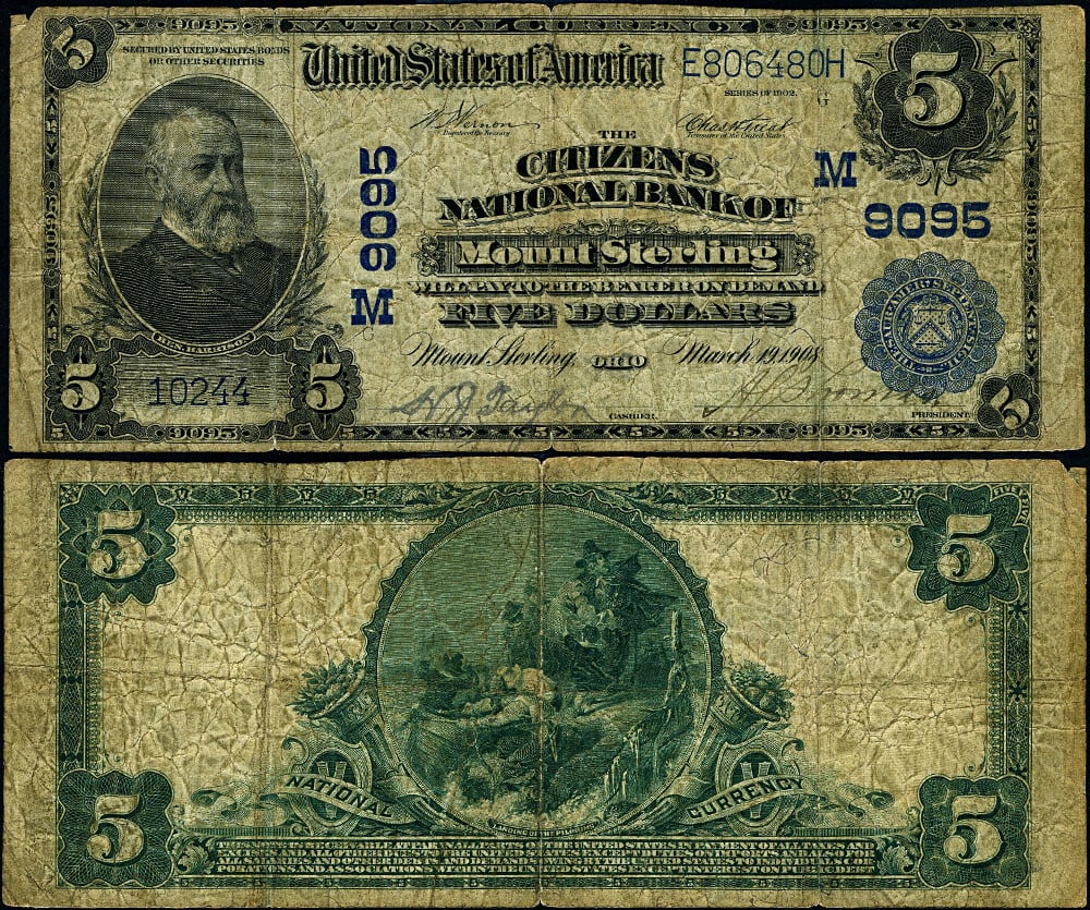 1902 PB $5 National Bank Note Citizens NB Mount Sterling Ohio: 1902 PB $5 National Bank Note Citizens NB Mount Sterling Ohio This item is a $5 National Bank Note from Mount Sterling, Ohio, issued in 1902. It is categorized as a G+ grade, indicating it has been ci