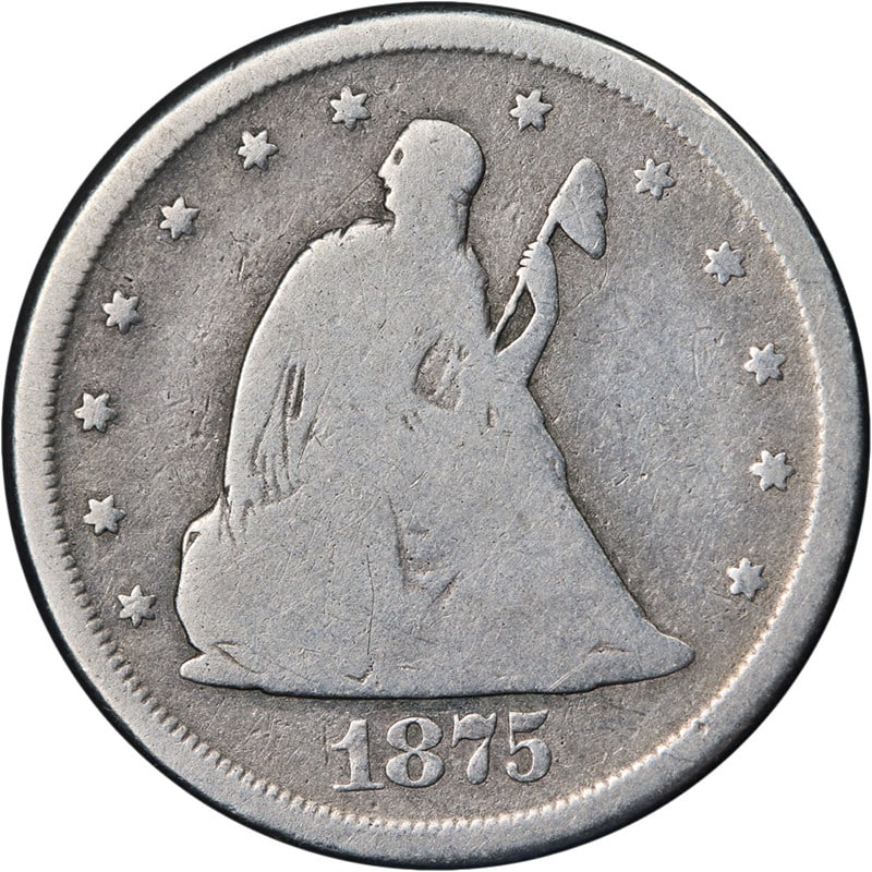 1875-CC United States 20 Cent Silver Coin G VG: 1875-CC United States 20 Cent Silver Coin G VG 1875-CC Twenty Cent Piece with nice eye appeal and a nice strike. This circulated coin shows decent color and decent surfaces and is graded Nice G/VG. Pr