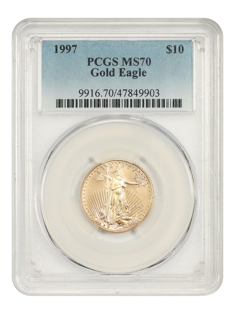 PCGS MS70 1997 $10 Gold Eagle 1/4 oz Uncirculated Coin: PCGS MS70 1997 $10 Gold Eagle 1/4 oz Uncirculated Coin 1997 $10 Gold Eagle certified by PCGS as MS70. This uncirculated, pre-owned coin is described as a flawless example and contains 1/4 ounce of pur