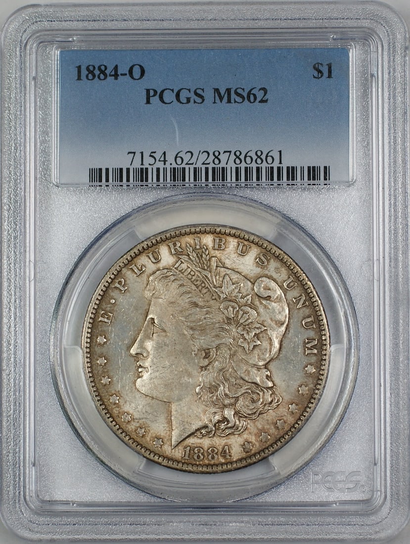 PCGS MS-62 1884-O Morgan Silver Dollar with Toned Finish: PCGS MS-62 1884-O Morgan Silver Dollar with Toned Finish This 1884-O Morgan Silver Dollar is graded MS-62 by PCGS and features attractive toning. Minted in New Orleans, this uncirculated coin is compo