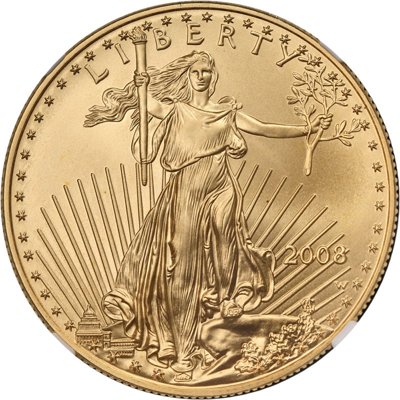 2008-W Gold American Eagle $50 NGC MS70 Burnished Coin: 2008-W Gold American Eagle $50 NGC MS70 Burnished Coin This stunning 2008-W Gold American Eagle $50 coin is certified by NGC with a perfect grade of MS70, indicating it is uncirculated and has superb 