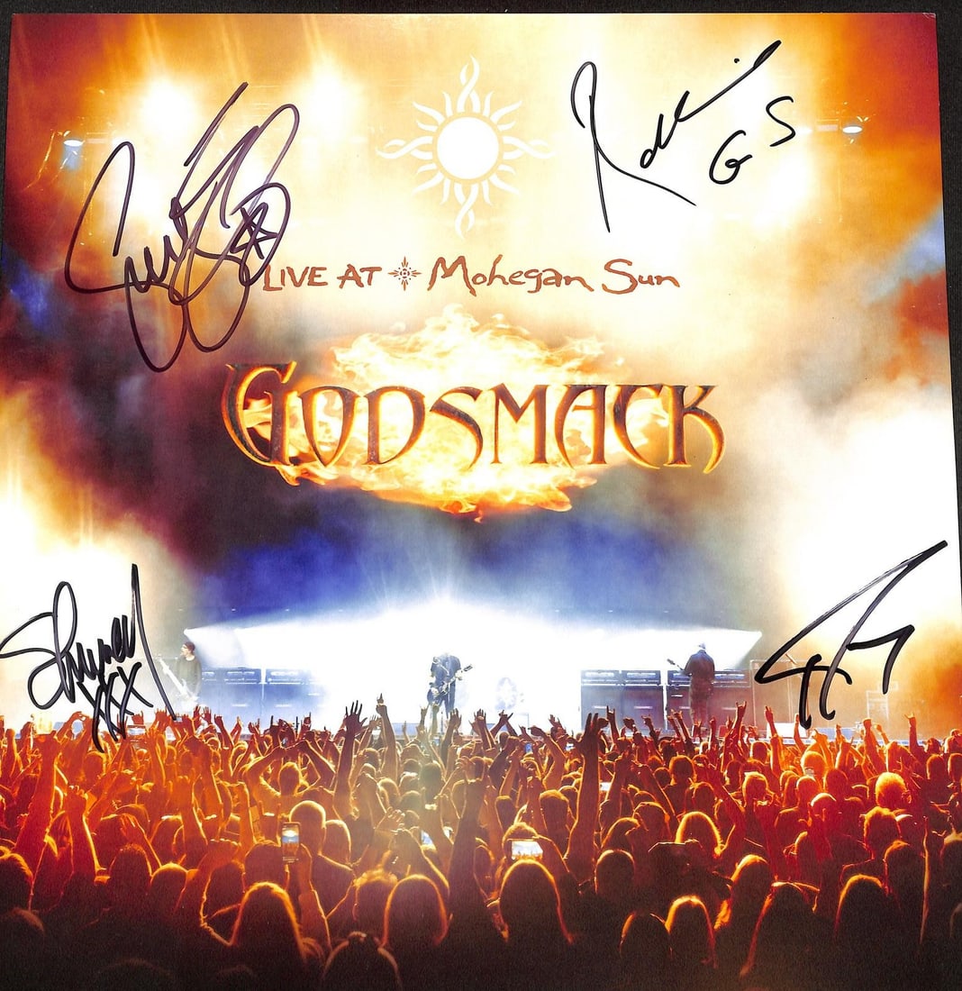 Godsmack Live at Mohegan Sun album sleeve x4 signed Beckett LOA: Godsmack Live at Mohegan Sun album sleeve x4 signed Beckett LOA This is a multi-signed album sleeve for Godsmack's 'Live at Mohegan Sun,' featuring hand-signed autographs from Sully Erna, Shannon Lark