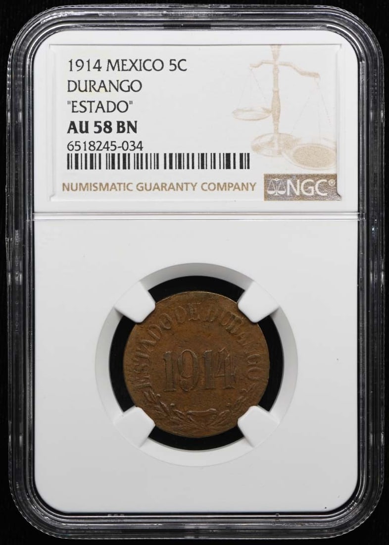 Mexico Durango 1914 5C KM-629 GB-115 NGC AU58BN Coin: Mexico Durango 1914 5C KM-629 GB-115 NGC AU58BN Coin 1914 Mexico Durango 5 centavos coin, cataloged as KM-629 and GB-115. This pre-owned circulated coin is certified by NGC and graded AU58BN. Specific