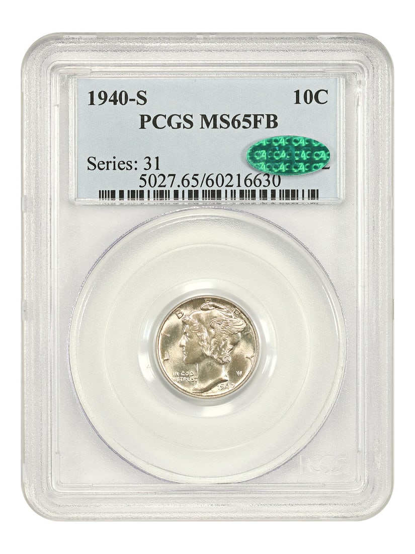 Mercury Dime 1940-S 10C PCGS CAC MS65FB: Mercury Dime 1940-S 10C PCGS CAC MS65FB 1940-S Mercury Dime certified by PCGS and designated CAC, graded MS65FB. This uncirculated pre-owned coin is a certified example of the Mercury Dime series. Spe