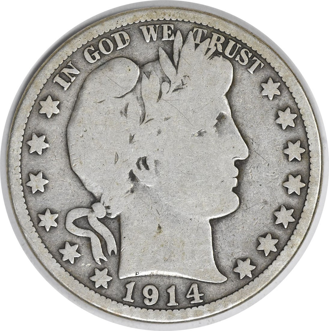 1914 50C Barber Half Dollar Silver VG Uncertified: 1914 50C Barber Half Dollar Silver VG Uncertified 1914 Barber half dollar coin from the United States. This circulated, pre-owned example is composed of silver and is graded VG. It is uncertified. Spe