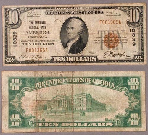 1929 T1 Ambridge Pennsylvania $10 National Bank Note Charter 10839 Fine (1 of 1)