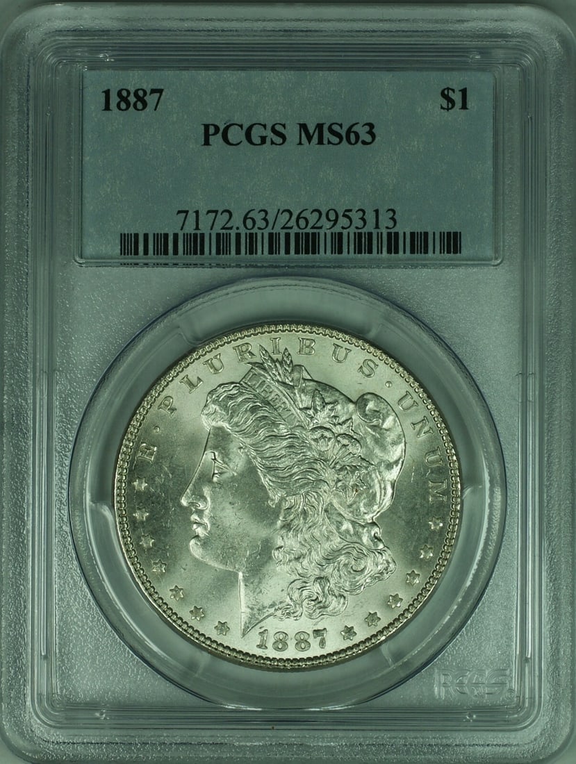 PCGS MS63 1887 Morgan silver dollar: PCGS MS63 1887 Morgan silver dollar This is an 1887 Morgan Silver Dollar coin from the United States, graded MS63 by PCGS. The coin is composed of silver, has a denomination of $1, and was minted in P