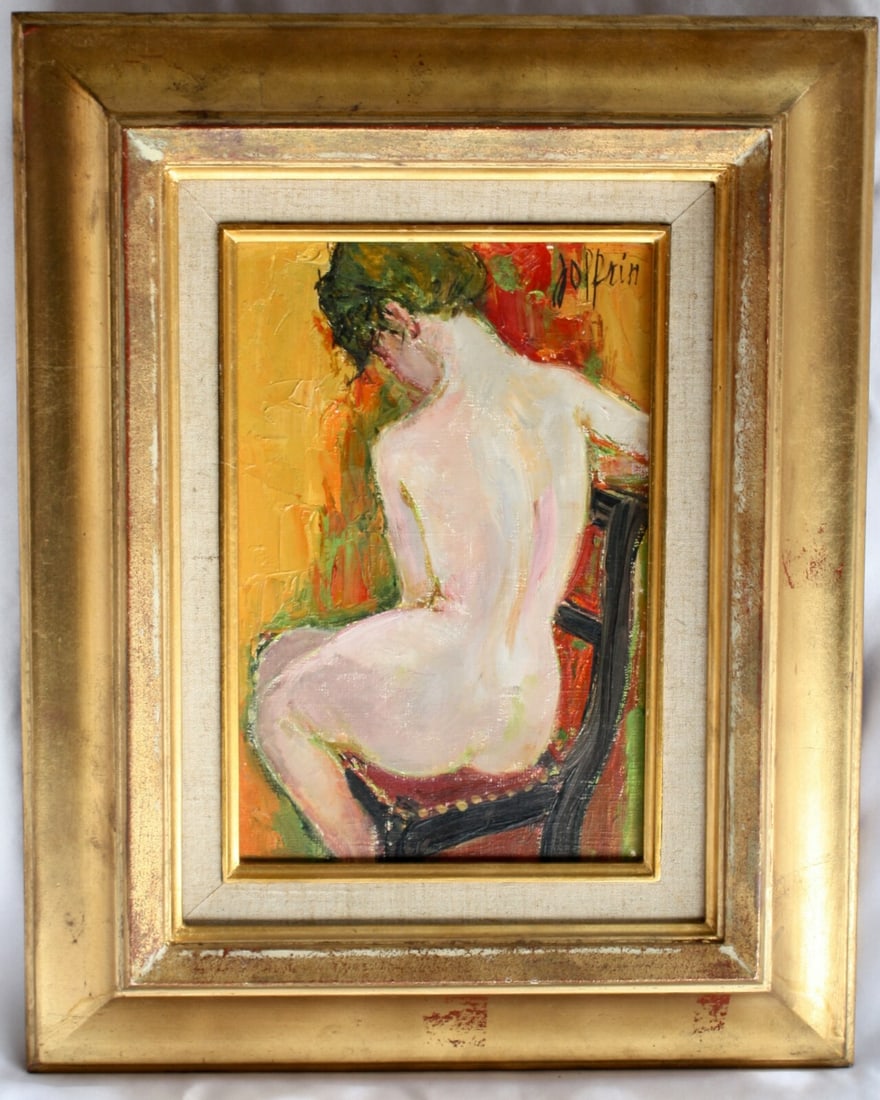 19th Century French Nude Oil Painting by Joffrin Guily Framed: 19th Century French Nude Oil Painting by Joffrin Guily Framed This exquisite 19th-century French oil on canvas painting features a nude young lady elegantly seated in a chair. Created by the renowned 