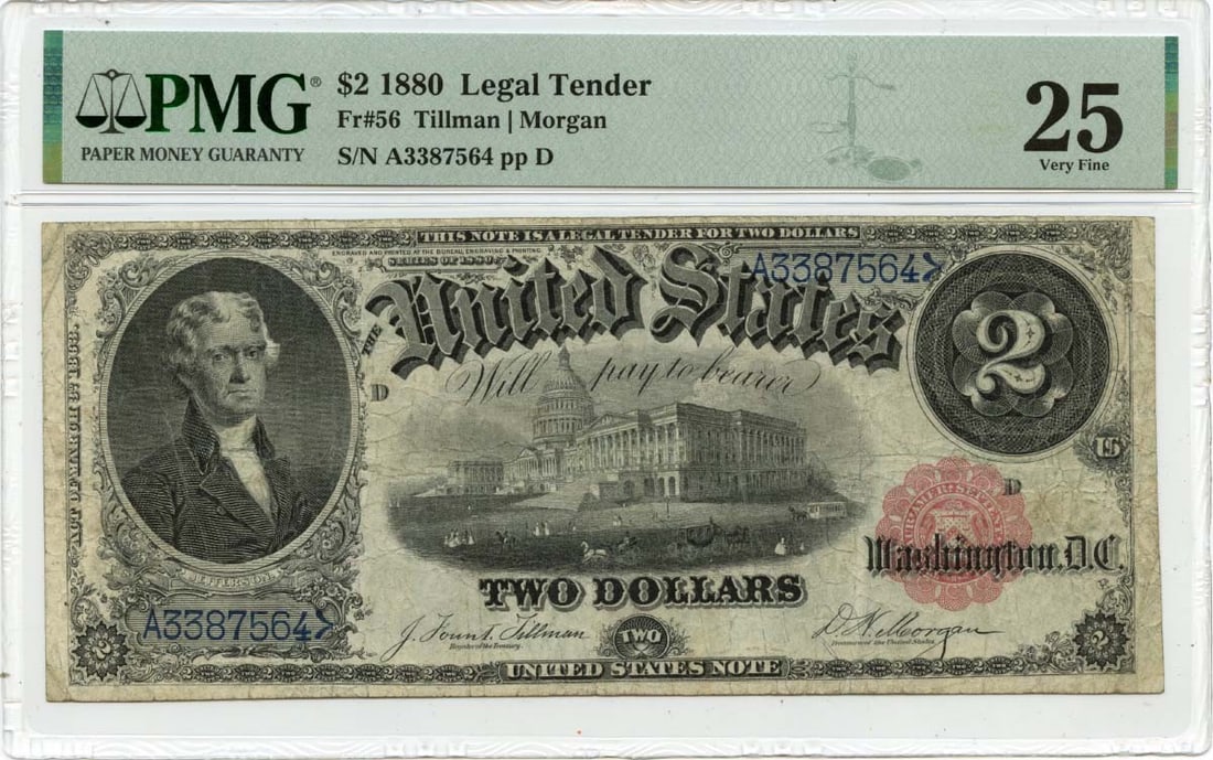 1880 United States $2 Legal Tender Note PMG Certified VF25: 1880 United States $2 Legal Tender Note PMG Certified VF25 This is an 1880 $2 Legal Tender Note from the United States, graded VF25 by PMG. The note is circulated and pre-owned, with certification num