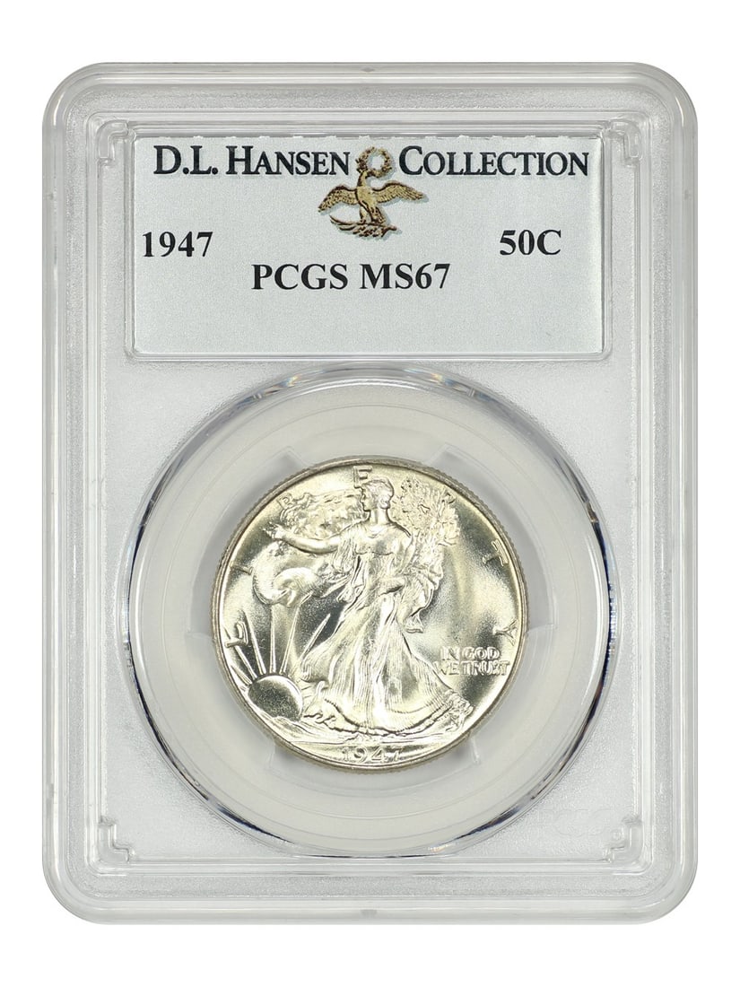 PCGS MS67 1947 Walking Liberty Half Dollar ex D.L. Hansen: PCGS MS67 1947 Walking Liberty Half Dollar ex D.L. Hansen 1947 Walking Liberty Half Dollar certified by PCGS in MS67. This uncirculated example is described as having satiny luster on both sides, a li