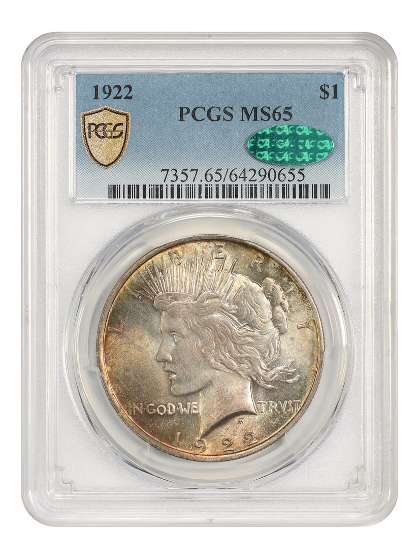 1922 Peace Dollar $1 PCGS CAC MS65 Philadelphia: 1922 Peace Dollar $1 PCGS CAC MS65 Philadelphia 1922 Peace Dollar certified by PCGS and approved by CAC. This uncirculated example is a popular collector date and is noted as one of the most common da