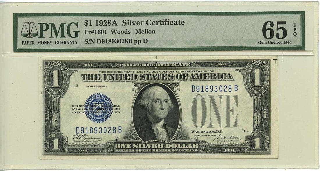 1928A $1 Silver Certificate Fr#1601 PMG GEM 65 EPQ: 1928A $1 Silver Certificate Fr#1601 PMG GEM 65 EPQ This 1928A $1 Silver Certificate, designated as Fr# DB Block 1601, is a remarkable collectible note. It has been certified by PMG with a grade of GEM
