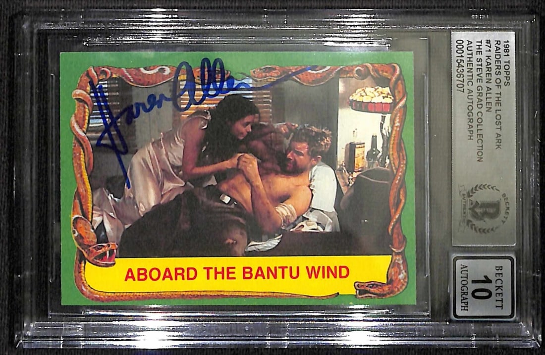 Karen Allen Signed 1981 Topps Indiana Jones #71 Beckett 10: Karen Allen Signed 1981 Topps Indiana Jones #71 Beckett 10 This is an autographed 1981 Topps Indiana Jones #71 trading card featuring Karen Allen as Marion Ravenswood from the iconic film Raiders of t
