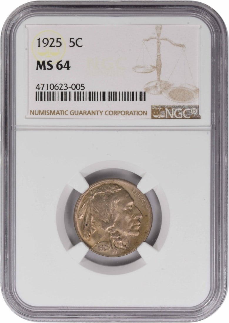 1925 United States Buffalo Nickel MS64 Graded by NGC: 1925 United States Buffalo Nickel MS64 Graded by NGC This is a 1925 Buffalo Nickel graded MS64 by NGC. Struck at the Philadelphia Mint, this uncirculated coin features a composition of 75% copper and 
